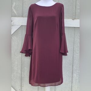 NWT INC International Concepts Wine Chiffon Bell Sleeve Dress Women's Size 6